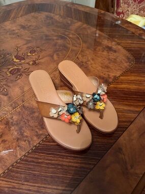 Tan Floral Embellished Wedge Thong Sandals